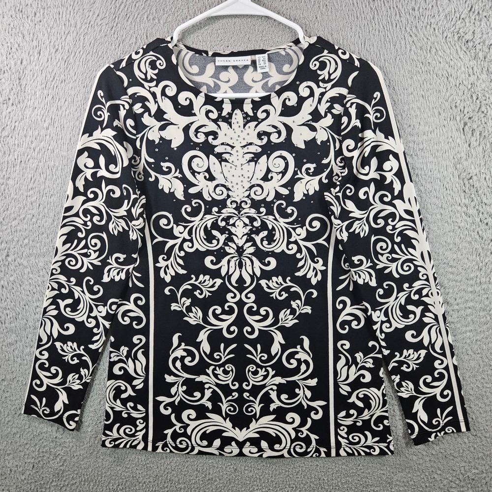 Susan Graver Black‎ Cream Damask Rhinestone Long Sleeve Top Shirt XXS